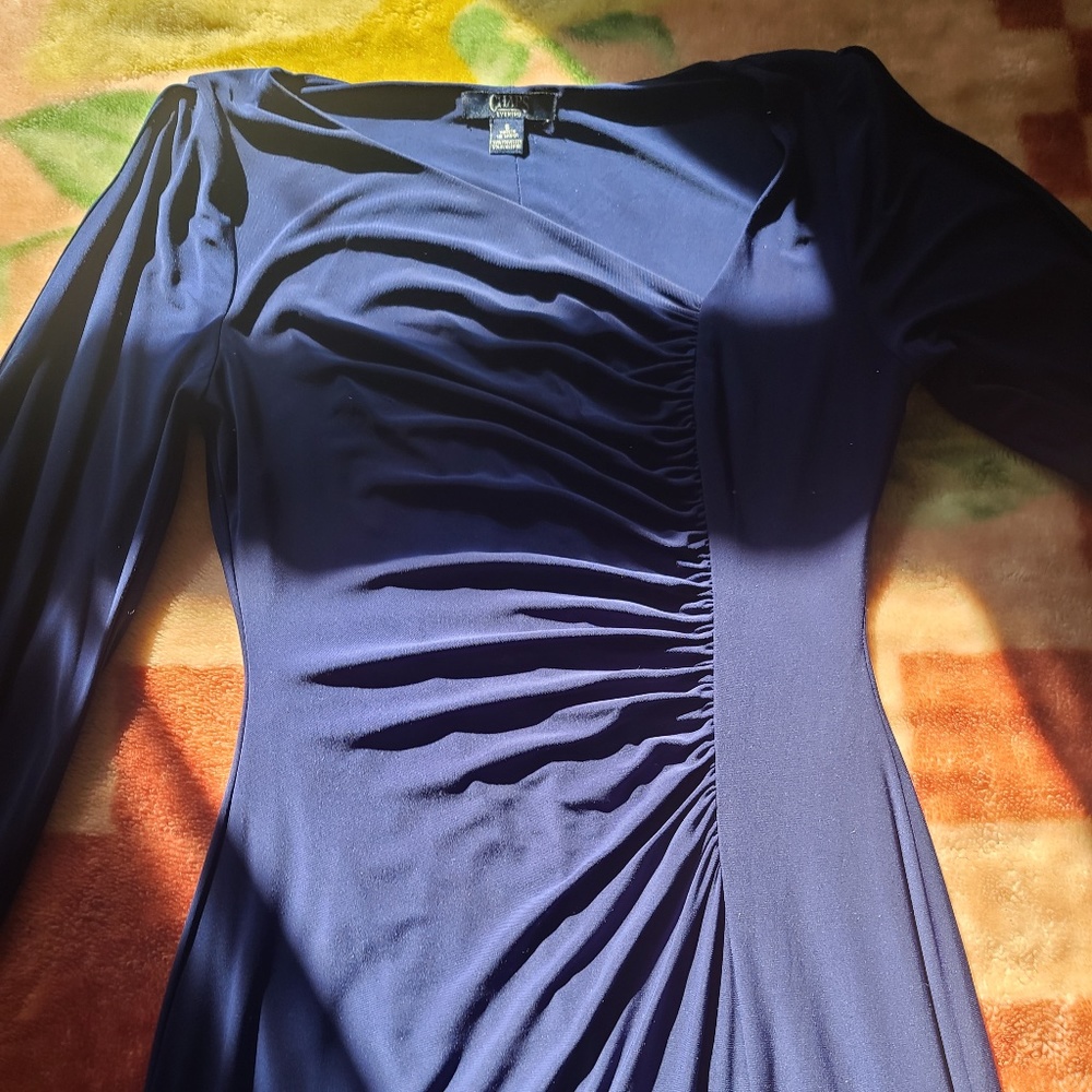 Chaps Maxi Navy Blue Dress with Slit and Peekabo Sleeves